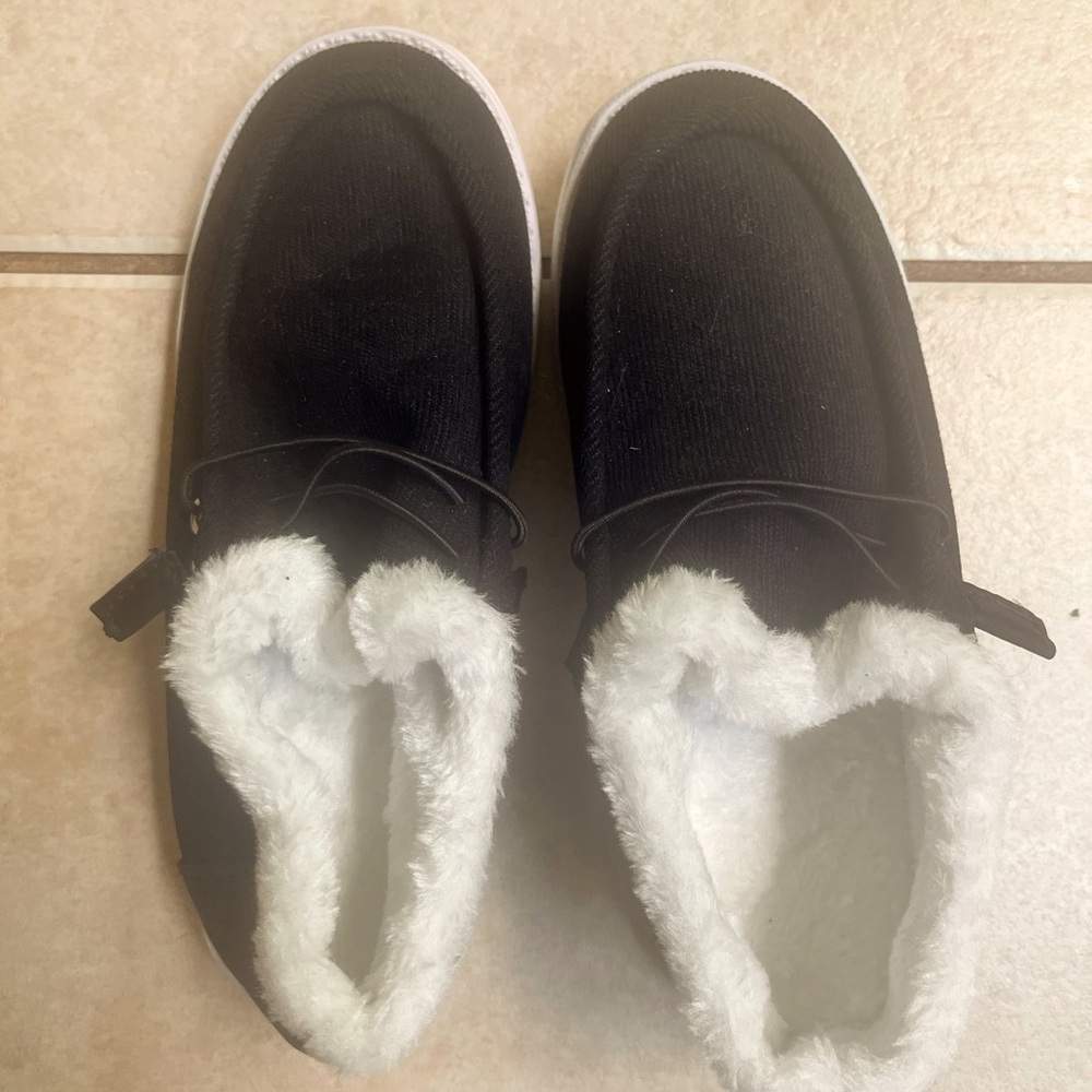 Warm fuzzy material on the inside of shoes